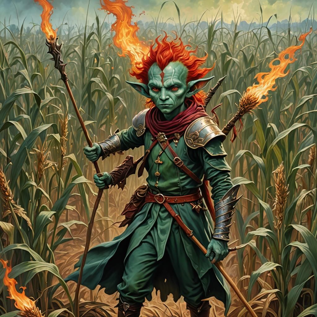 Teifling Druid in Burning Cornfield, Surreal Oil Painting