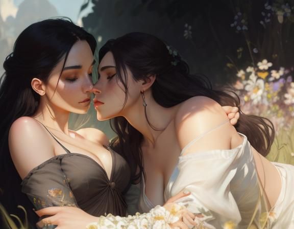 Beautiful flower meadow, two beautiful girls in deep v neck crop tops and off shoulder sleeves, in a deep love, kissing,...