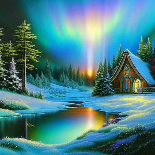 Ethereal Northern Lights Over Enchanted Lake as Oil Painting
