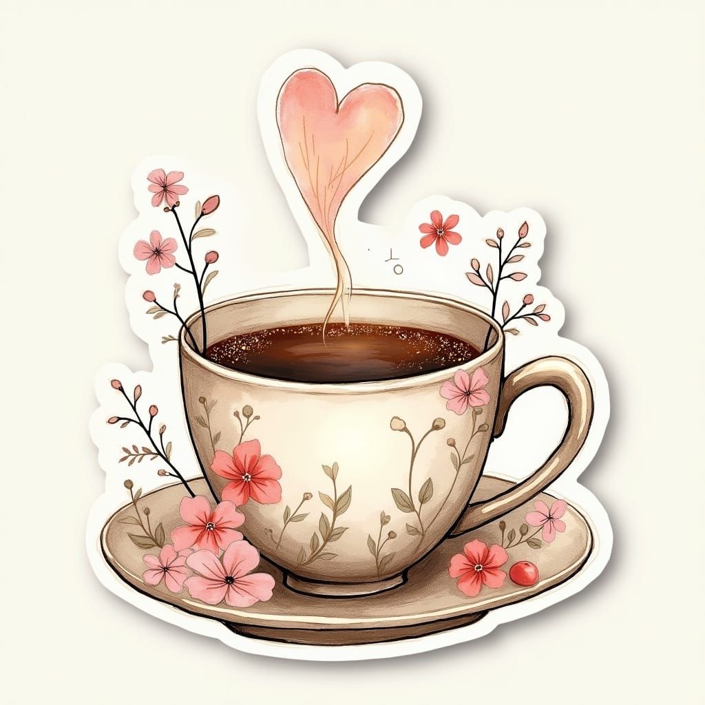 Coffee Cup with Heart Steam: Watercolor Illustration