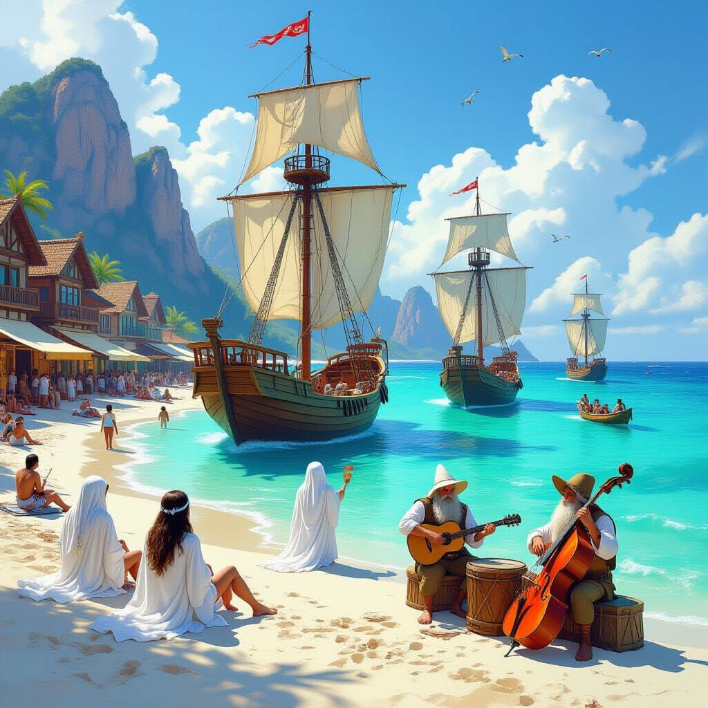 Coastal Fantasy Town with Elves and Tall Ships