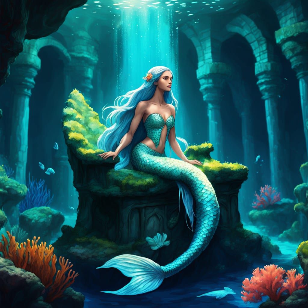 Majestic Mermaid on Coral Throne in Bioluminescent Grotto