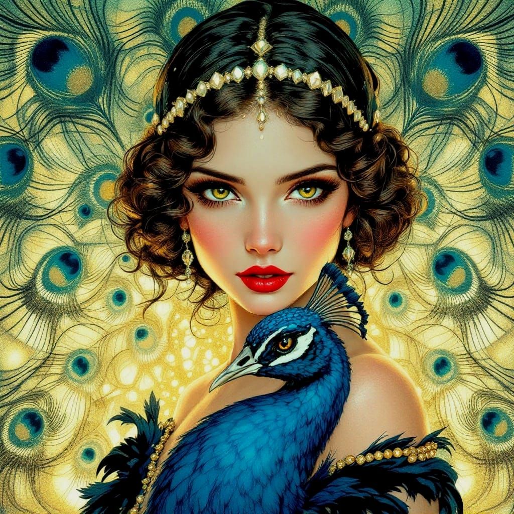 Flapper Woman's Enchanting Gaze Amidst Peacock's Splendid Ta...