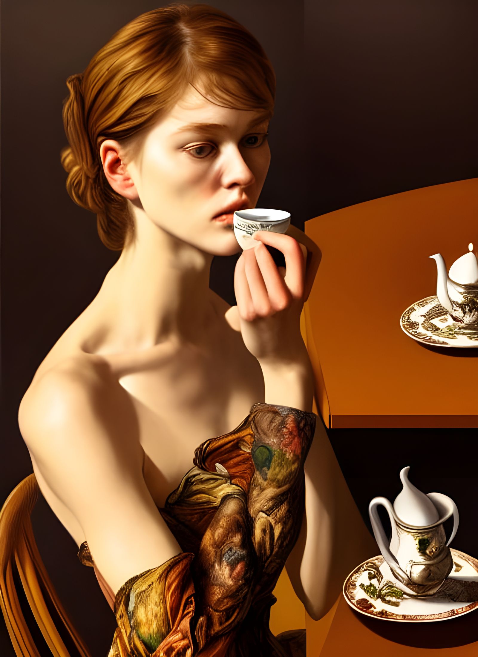 Beautiful Woman Enjoying Tea in Cafe: Photorealistic Portrai...