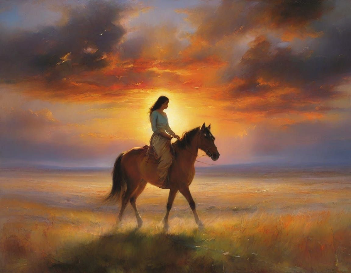 Native American Woman on Horseback in Turner-Inspired Landsc...