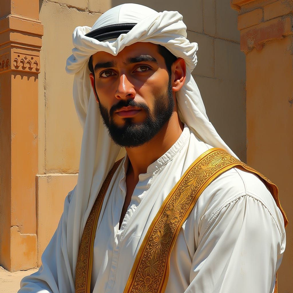 Chiseled Arab Man in Traditional Attire, Set Against Vibrant...