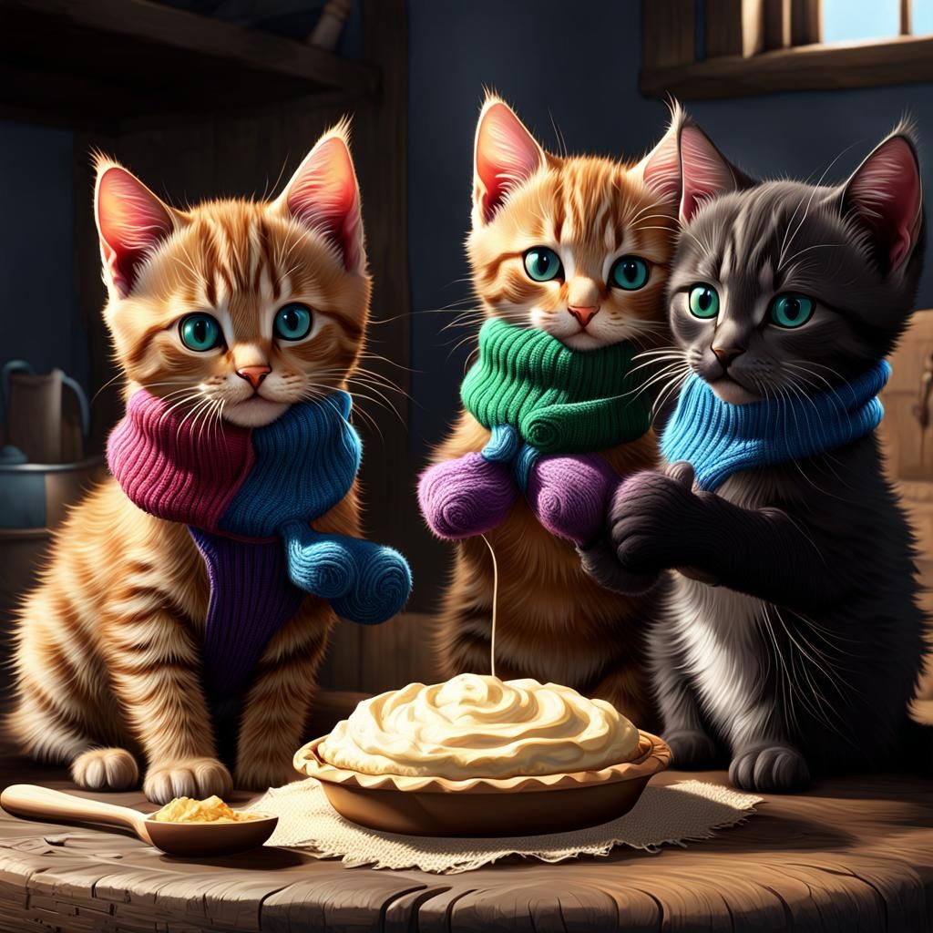 Kittens Washing Mittens: Hyperdetailed Concept Art