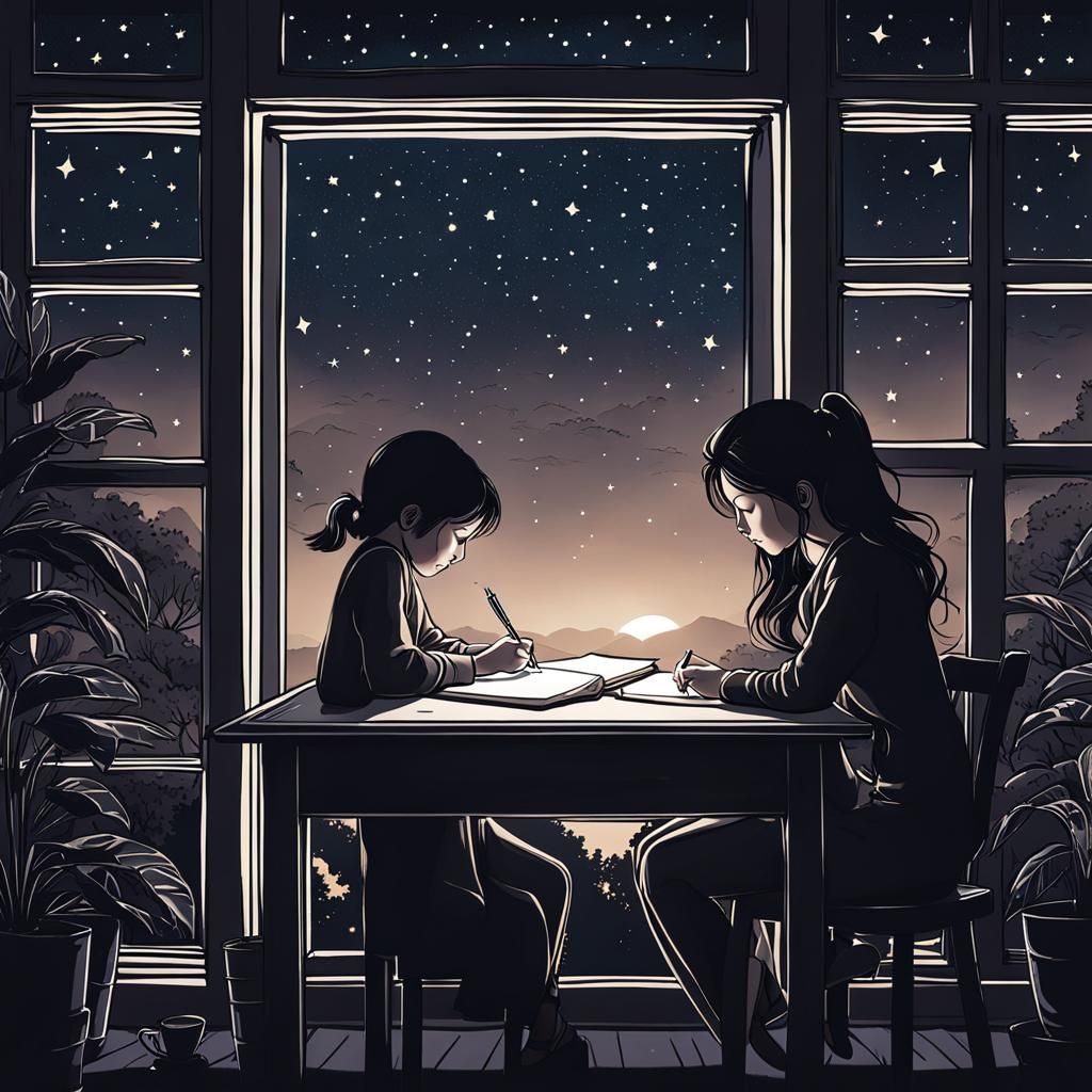 Girl Writing Poetry Under Starry Night Sky