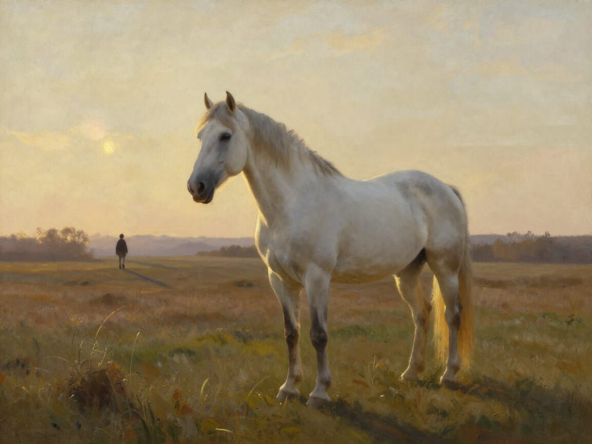 Majestic White Horse in Golden Field at Dusk