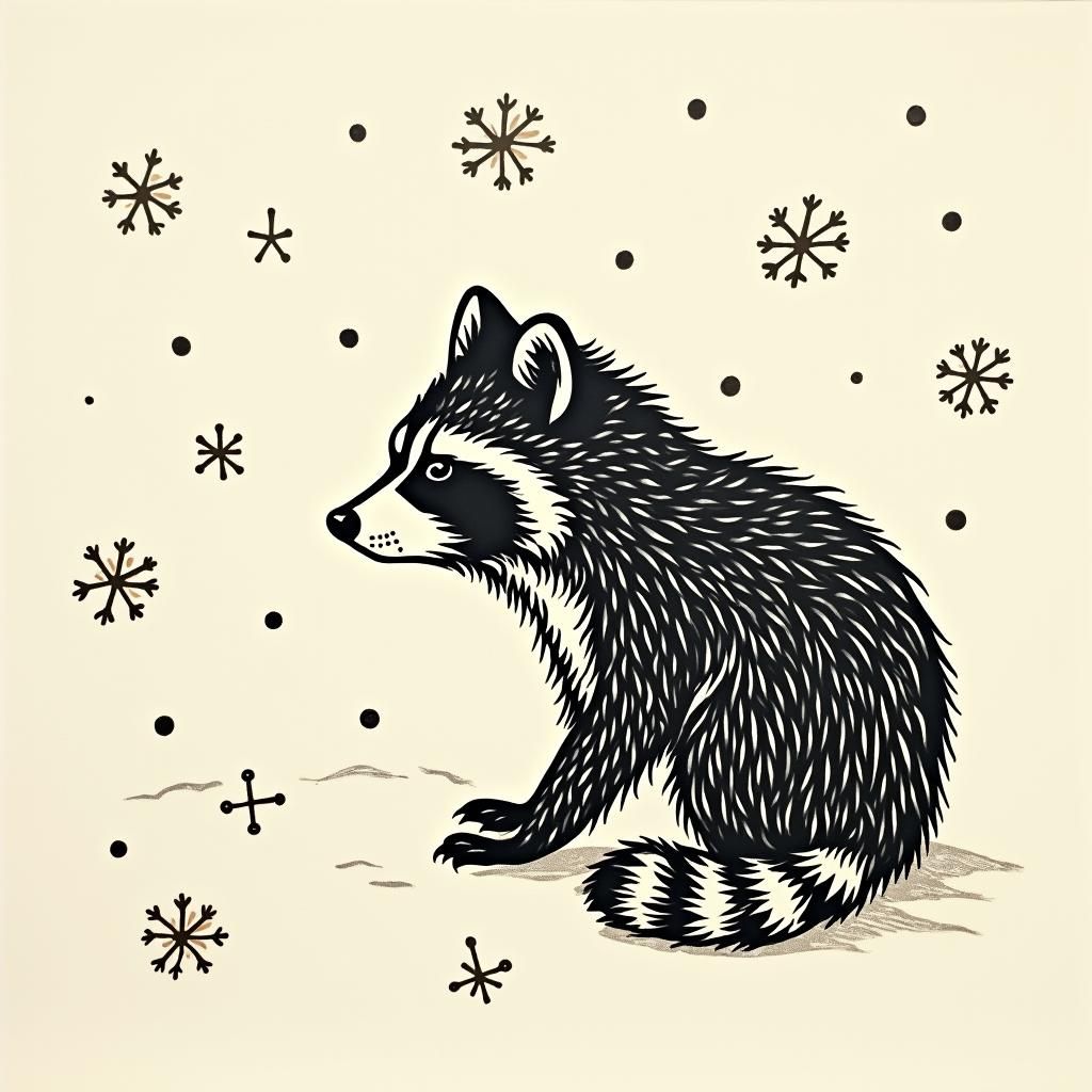 japanese woodcut inspired raccoon playing in stylized fallin...