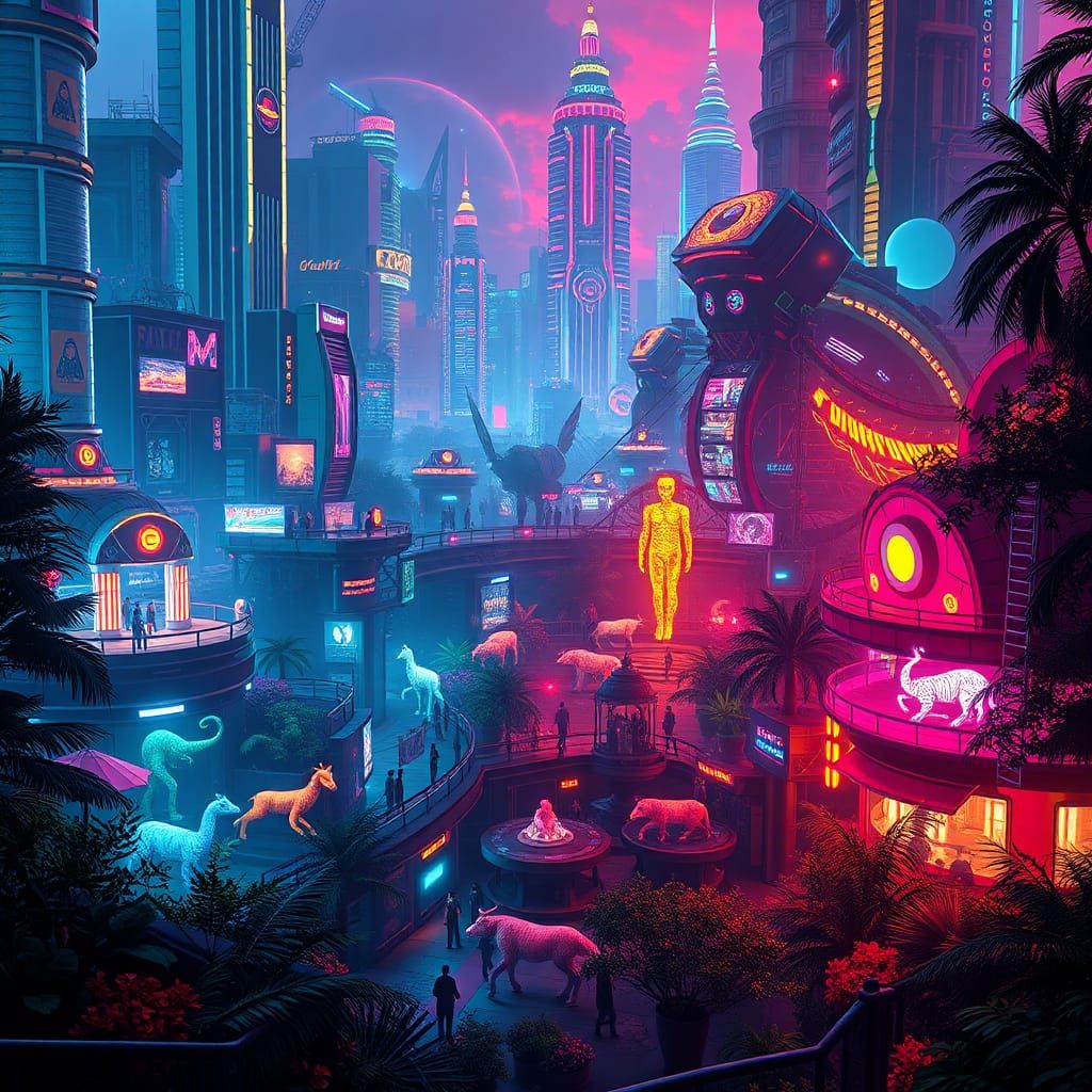 Futuristic Metropolis: Humans and Animals Coexisting