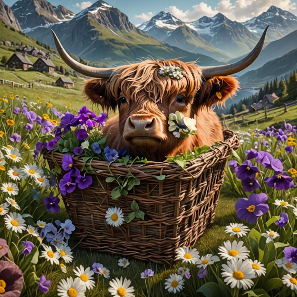Highland Calf in Flower Basket, Detailed Digital Art