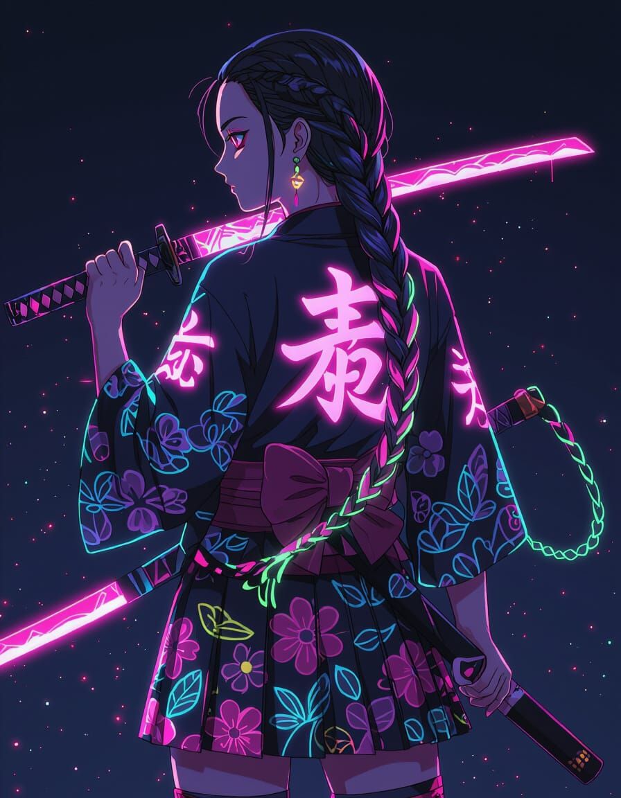Anime Character with Neon Braids and Glowing Katana