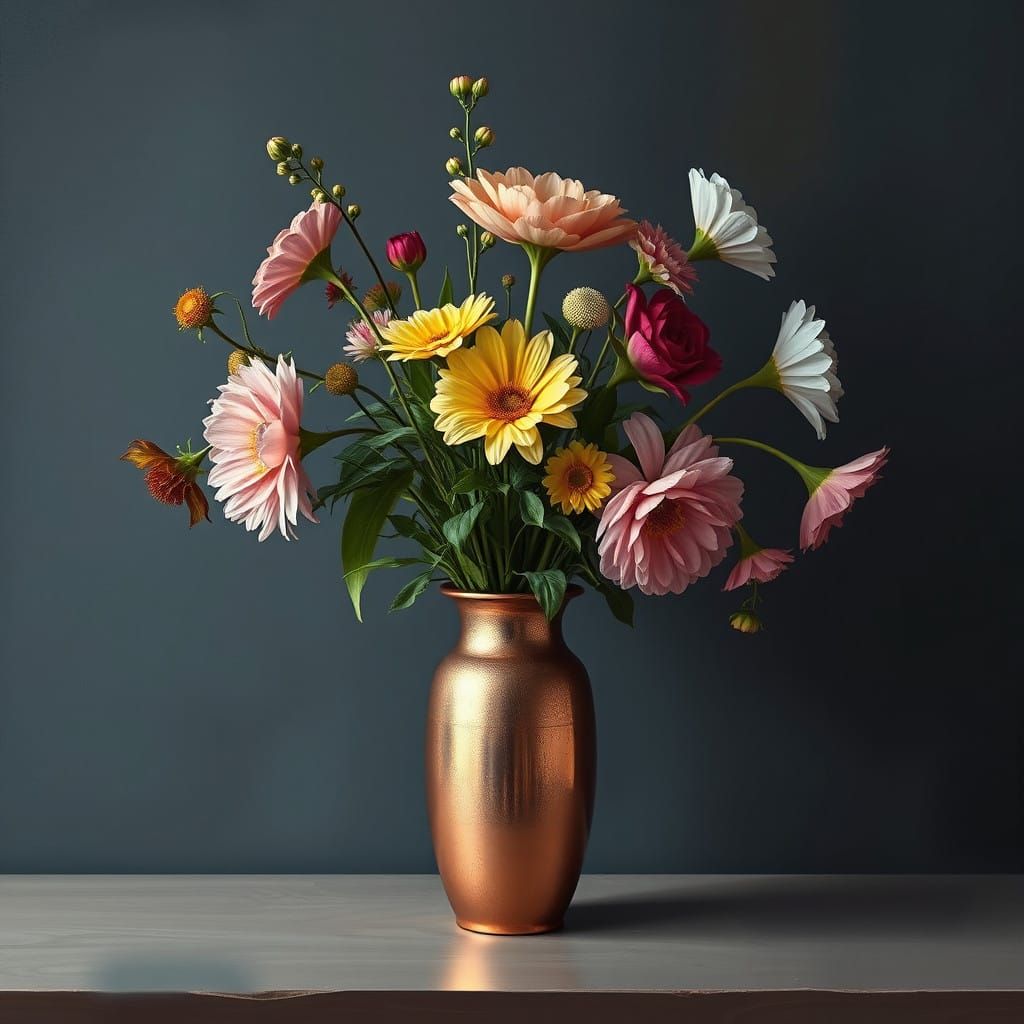 Vibrant Garden Bouquet in Copper Vase, Fantasy Oil Painting