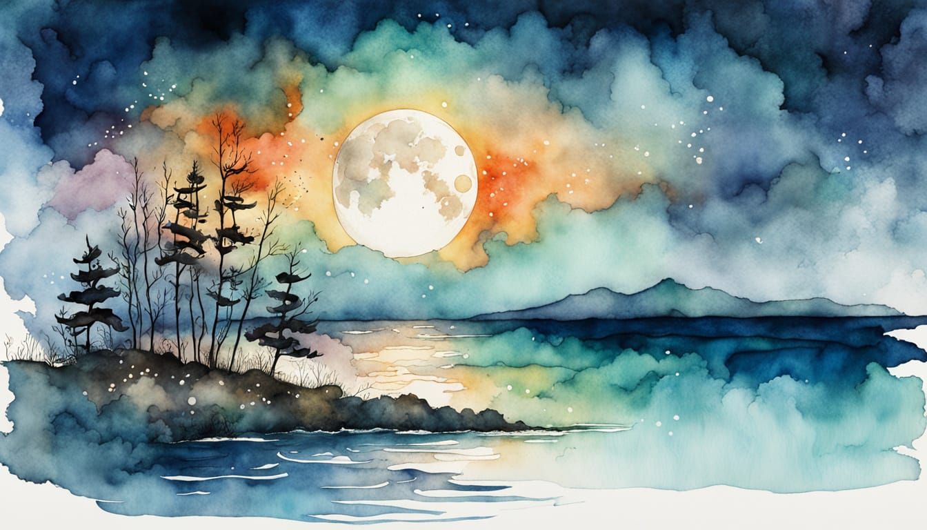 Misty Moonrise Over Ocean in Watercolor and Ink