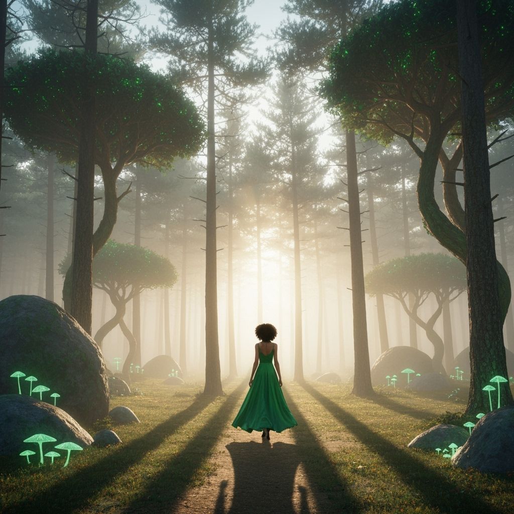 Misty Pine Forest Scene with Sunlight