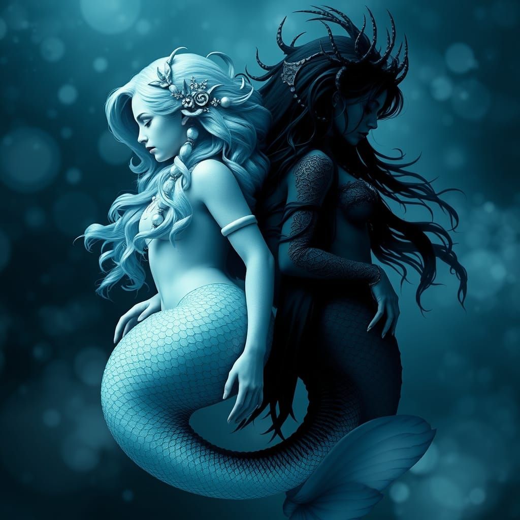 Majestic Mermaids in Dreamlike Double Exposure