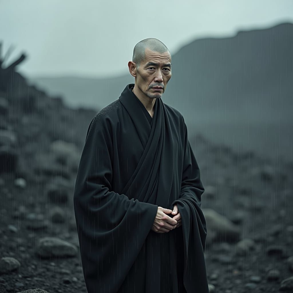 Monk in Volcanic Ash: A Surreal Landscape