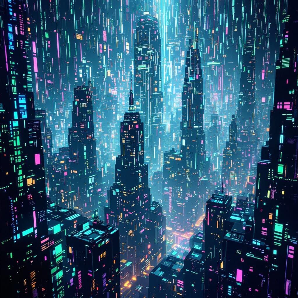 Holographic Cityscape in Matrix Style