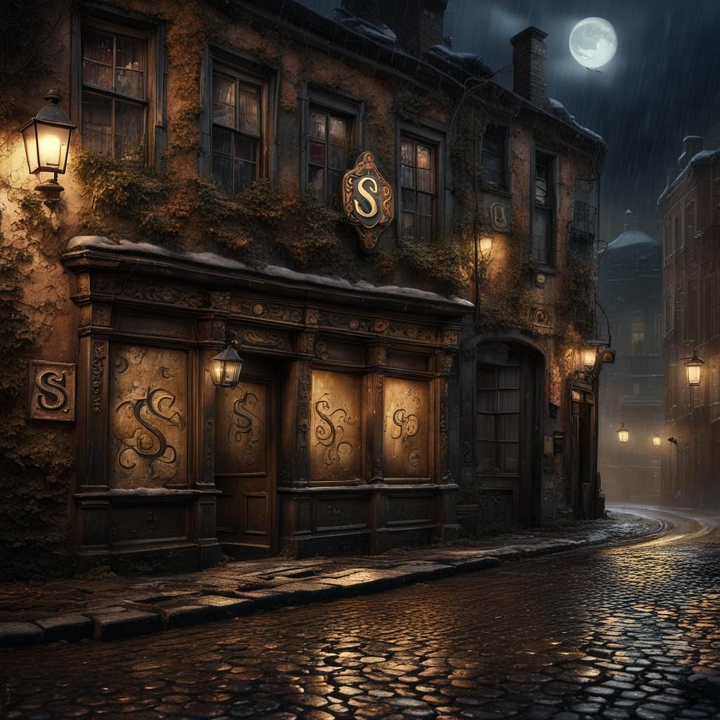 Hyperrealistic Tavern in Rainy City at Night