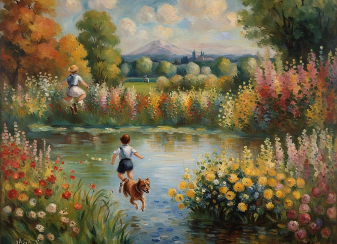 Impressionist Boy and Dog Jumping Into Lake
