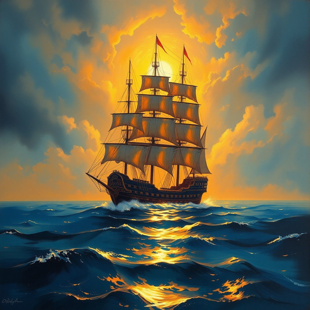 Galleon at Sunset: Classic Oil Painting