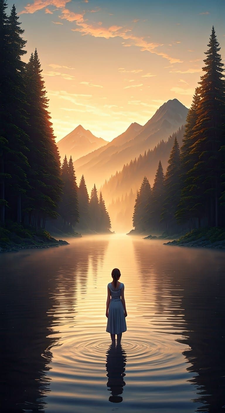 Ethereal Sunrise Over Serene Lake in Digital Art Style