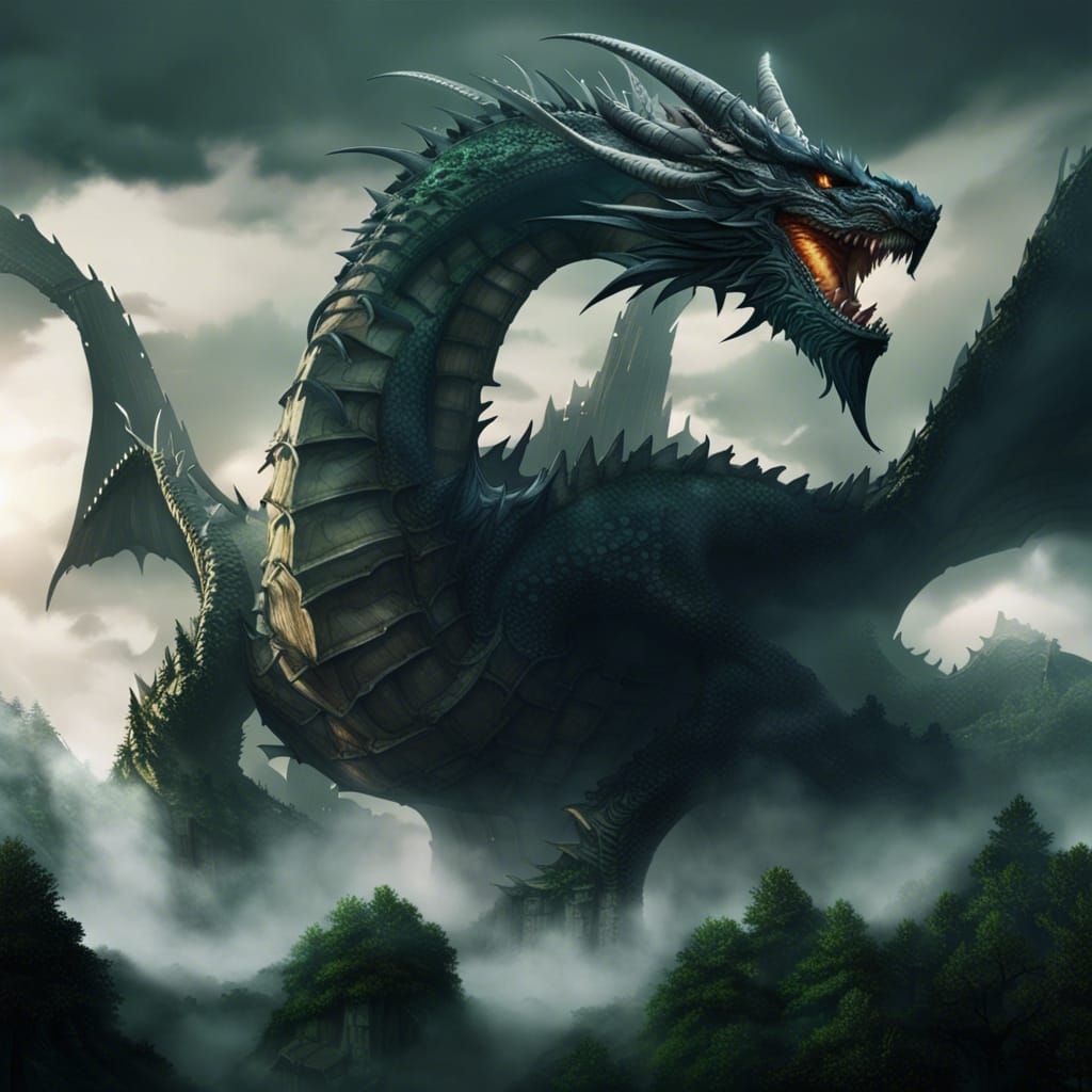 Colossal Dragon Flying Over Haunted Forest