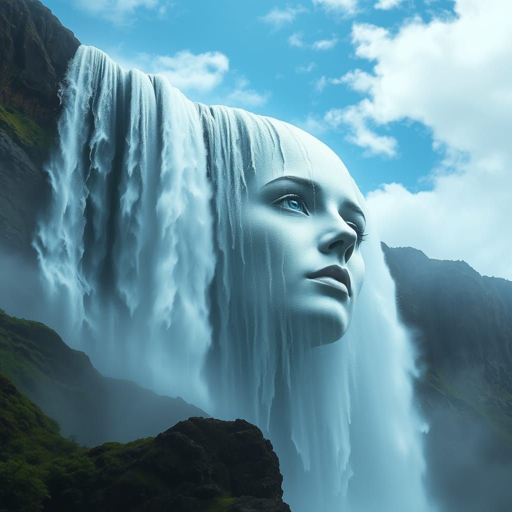 Ethereal Waterfall Forms Woman's Face
