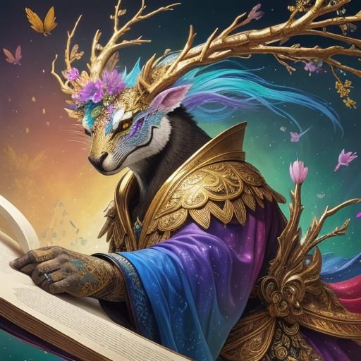 Rainbow Flowers on Branch with Magical Animals