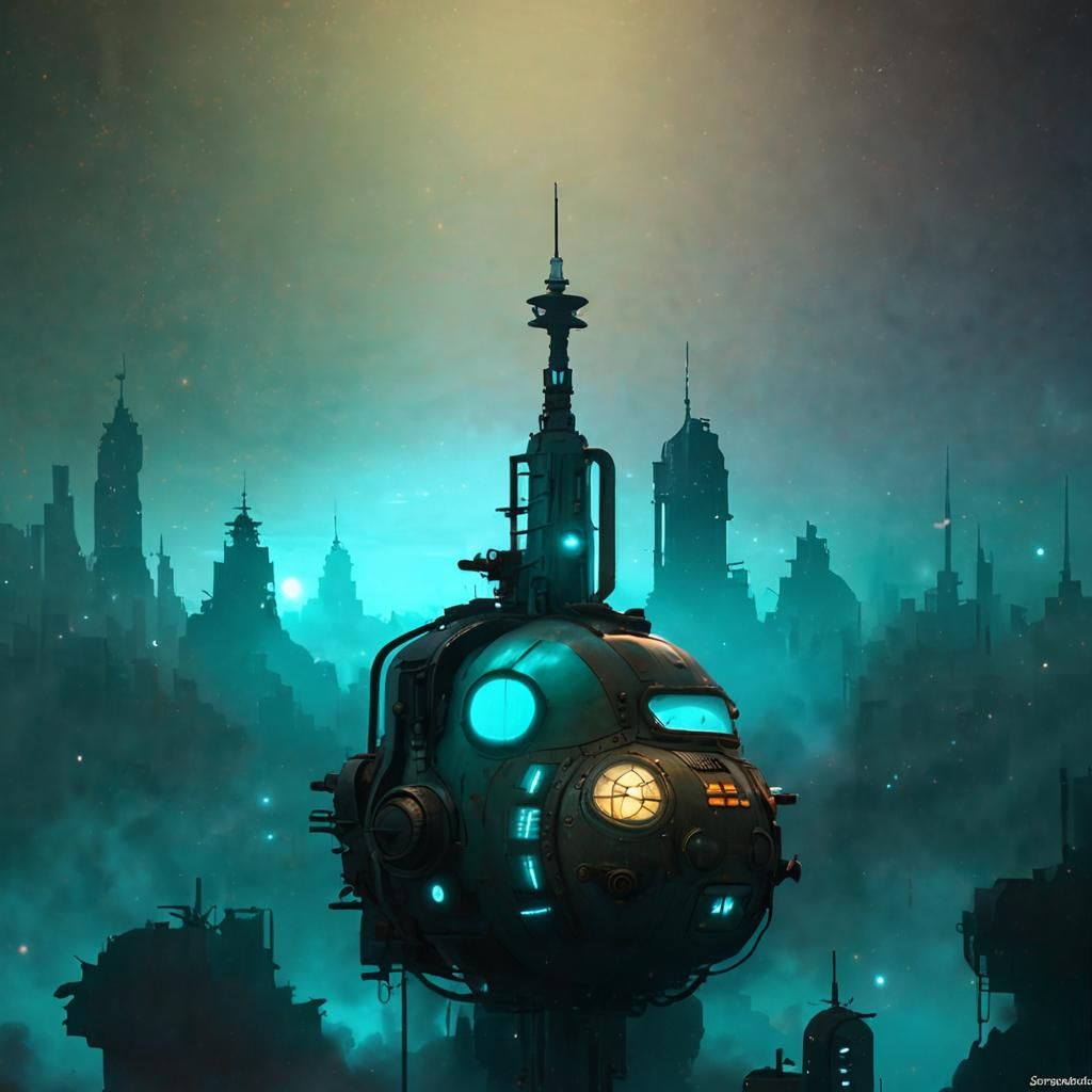 Teal Dieselpunk City in Space, Hyperrealistic