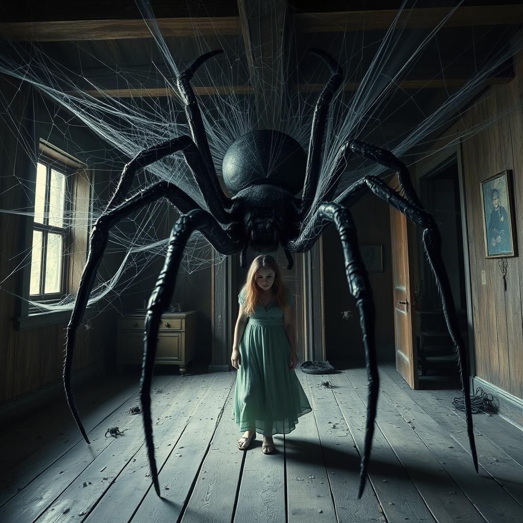 Gargantuan Black Widow Spider Descending: Photorealistic Hor...