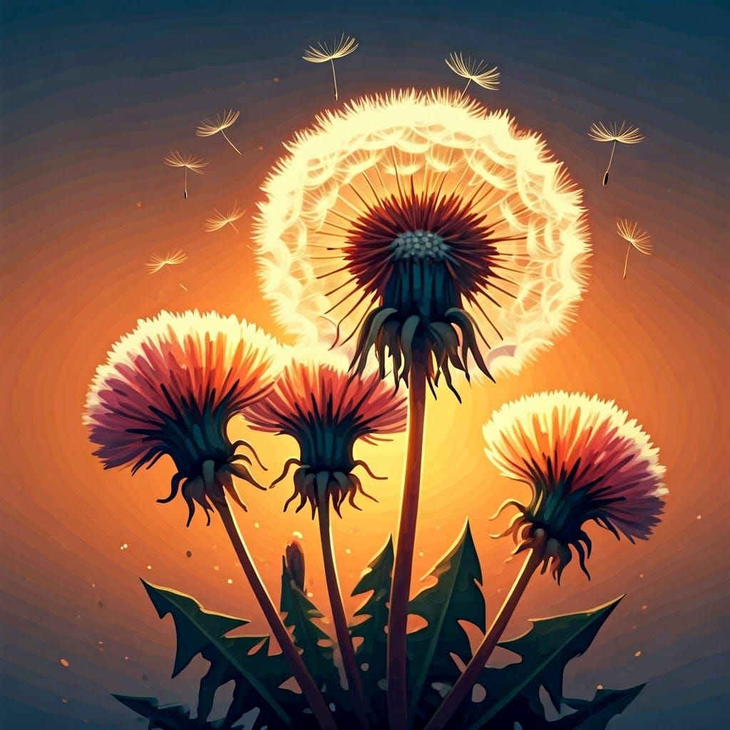 Surreal Dandelions Shine with Inner Light in Vibrant Evening...