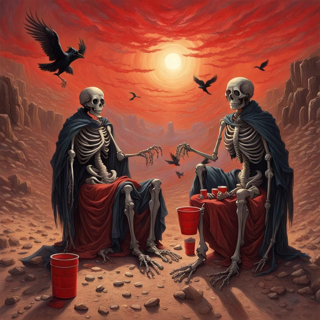 Desert Skeletons Celebrate Under Raven Wings