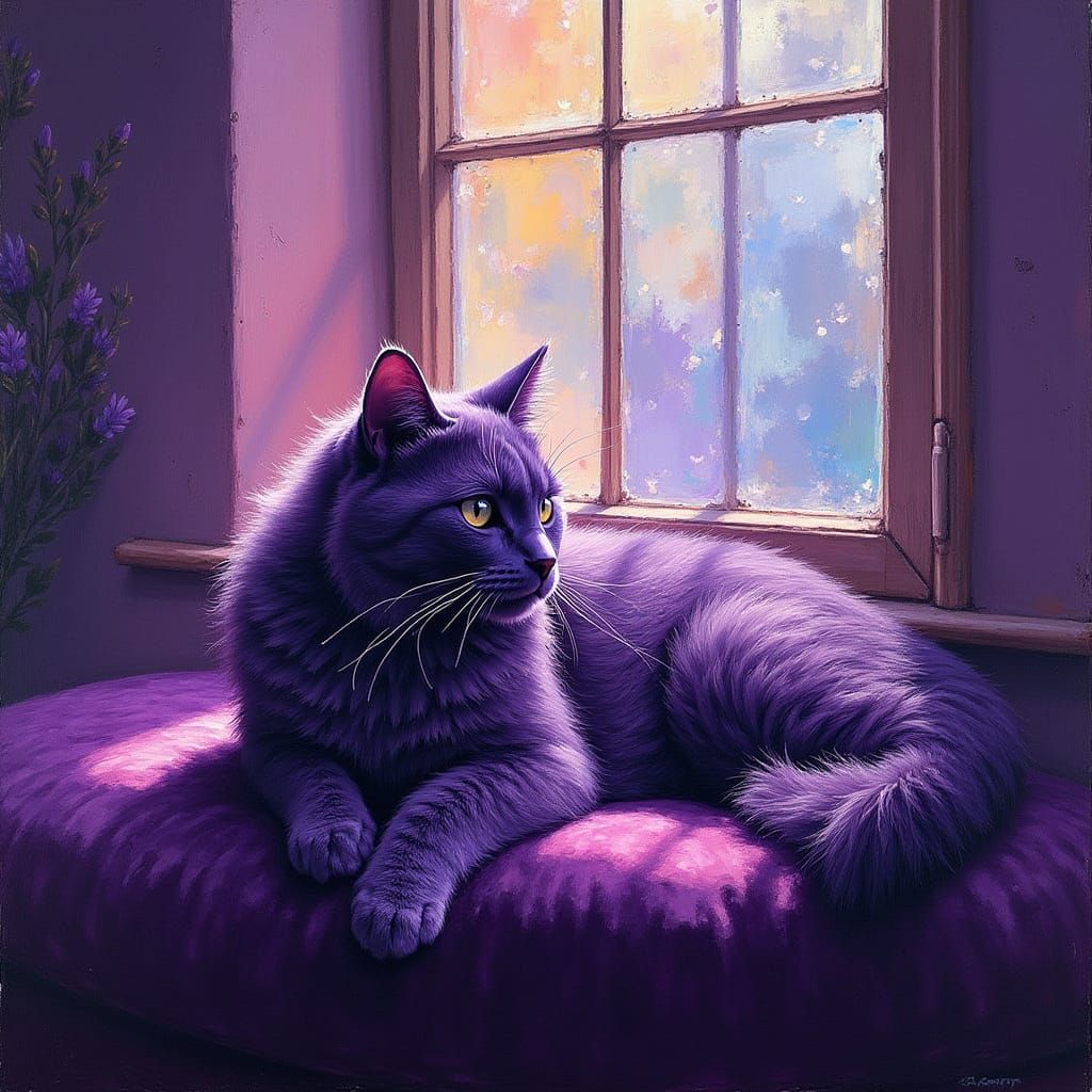 Regal Cat in Amethyst Hues, Impasto Oil Painting Style