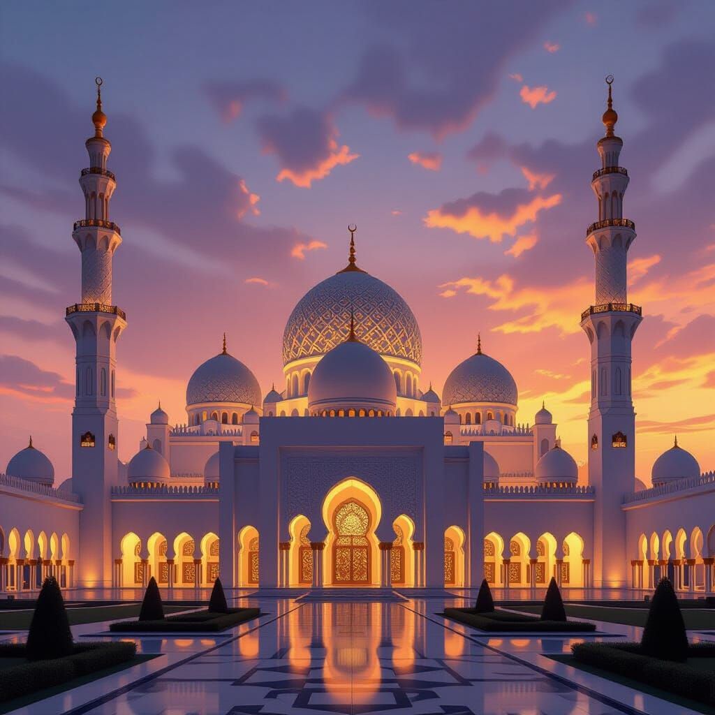 Majestic Mosque with Islamic Geometric Patterns at Sunset