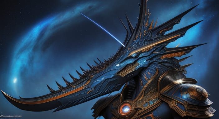 Oriental Starship Captain in Space Nebula