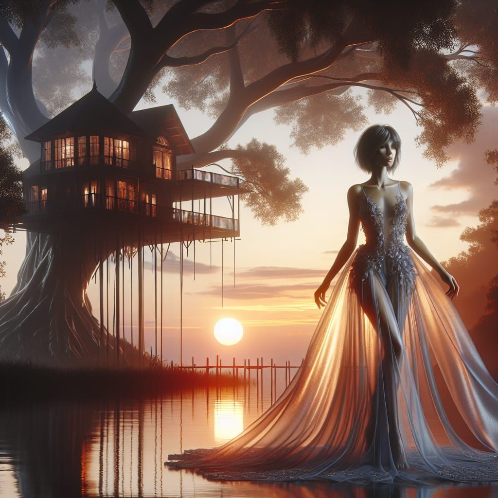 Woman in Translucent Gown Silhouetted by Sunset