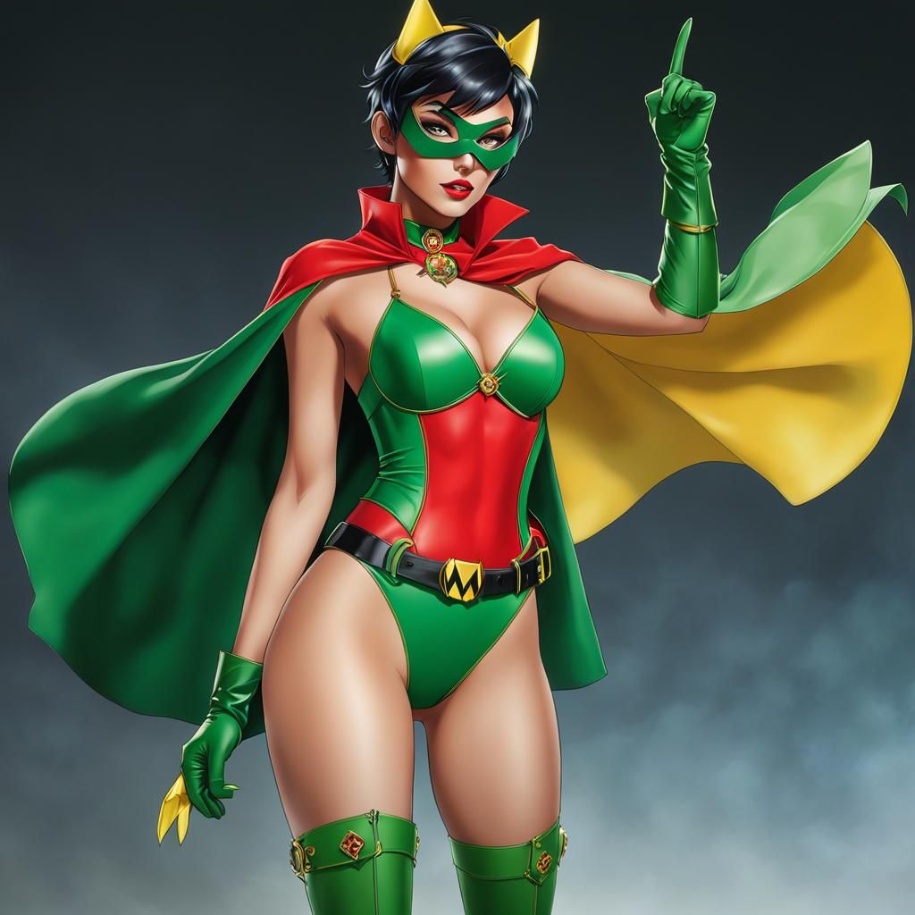 Superheroine in Red Vest and Green Outfit