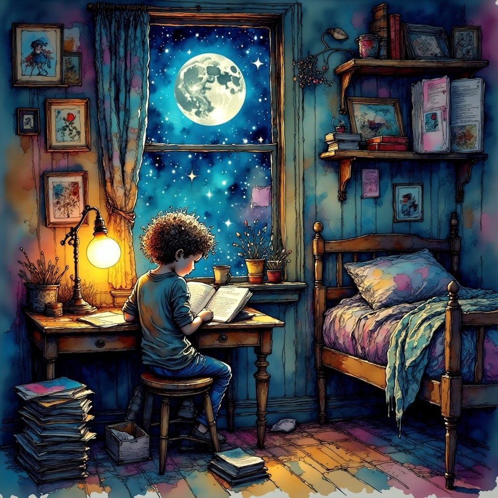 Whimsical Painting of Teenager Studying Late at Night