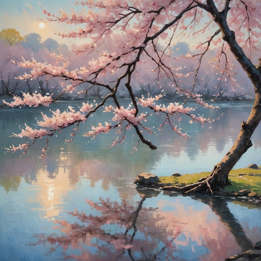Sakura Tree Serenity: Pastel Impressionism by the Lake