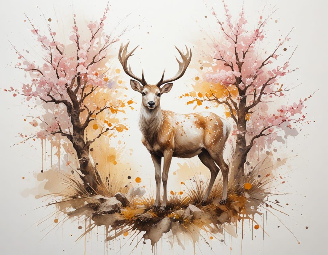 Spirit Deer Under Cherry Blossoms at Sunset