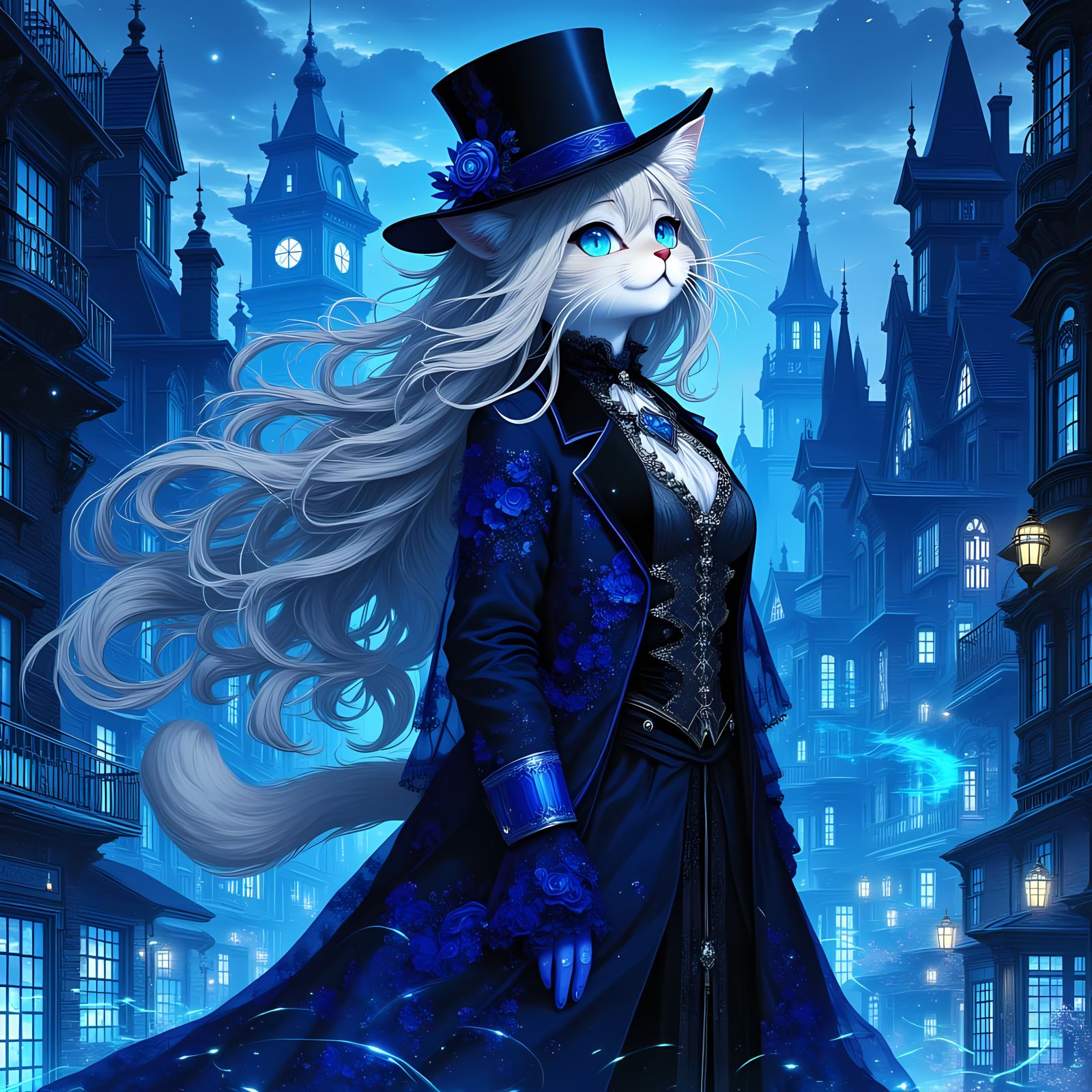 Blue Glitch Art Portrait: Victorian Cat Girl