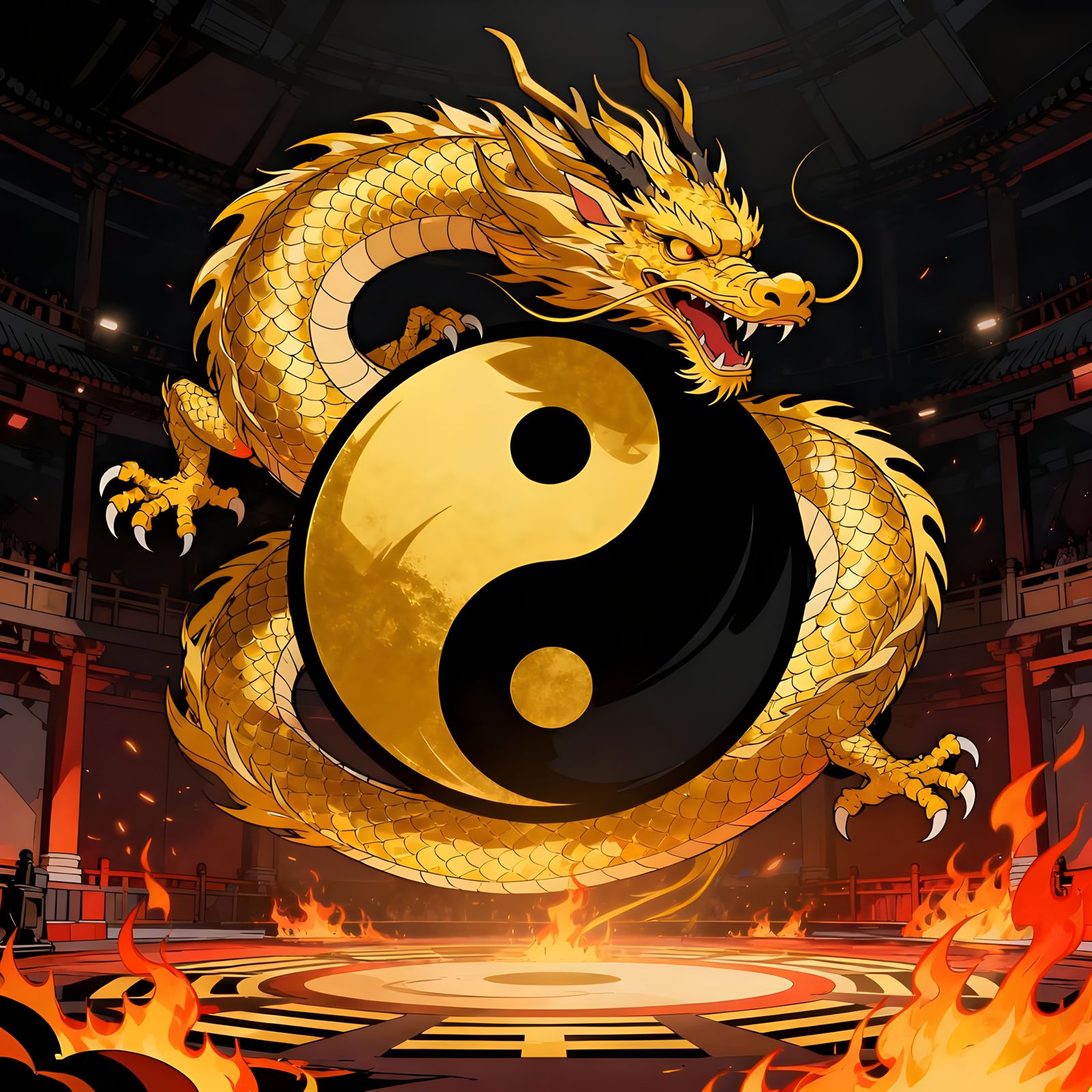 Golden Dragon Coiled Around Fiery Yin Yang in Combat Arena