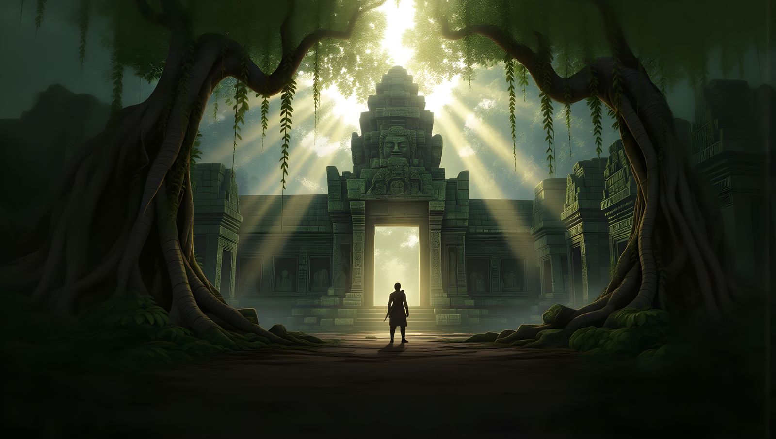 Jungle Temple Entrance: Adventurer in Misty Matte Painting S...
