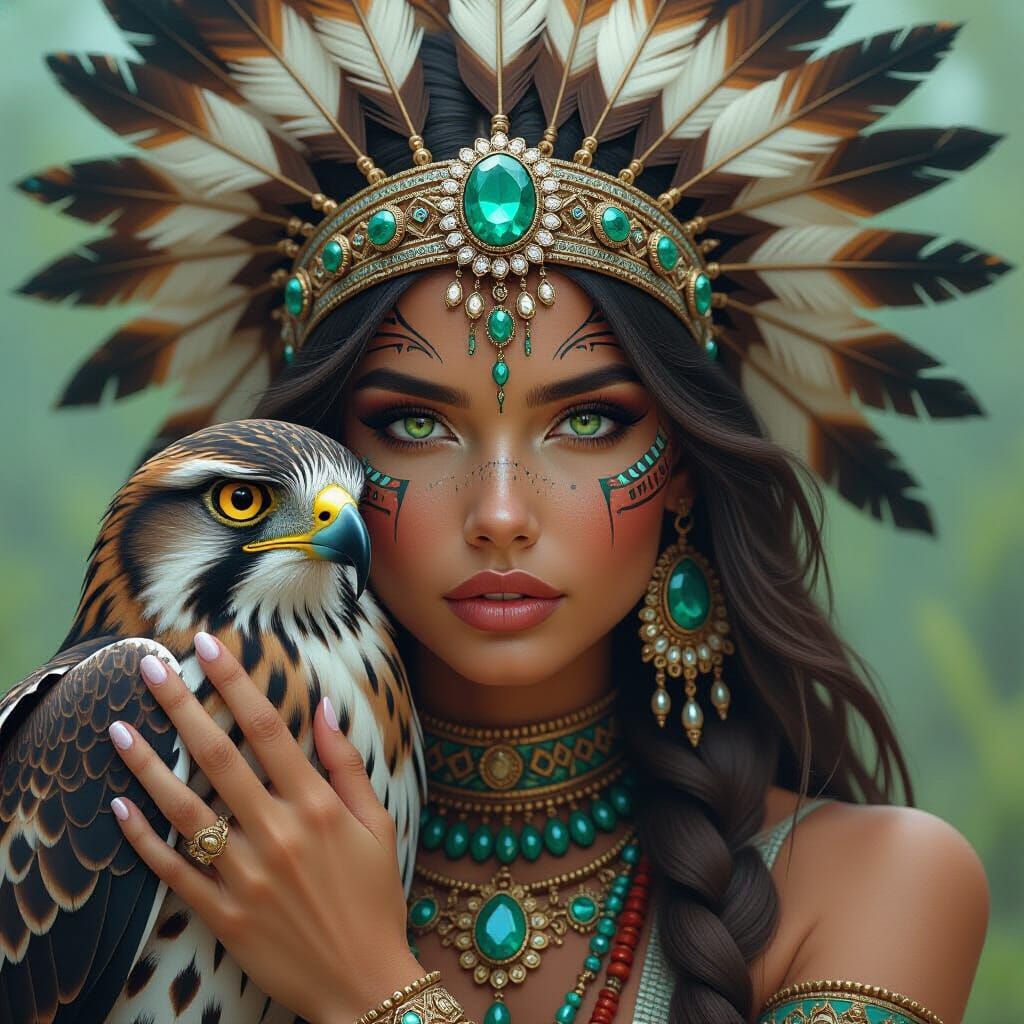 a woman with striking green eyes and intricate facial markin...