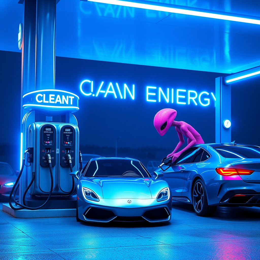 Futuristic Neon Gas Station with Alien Attendant