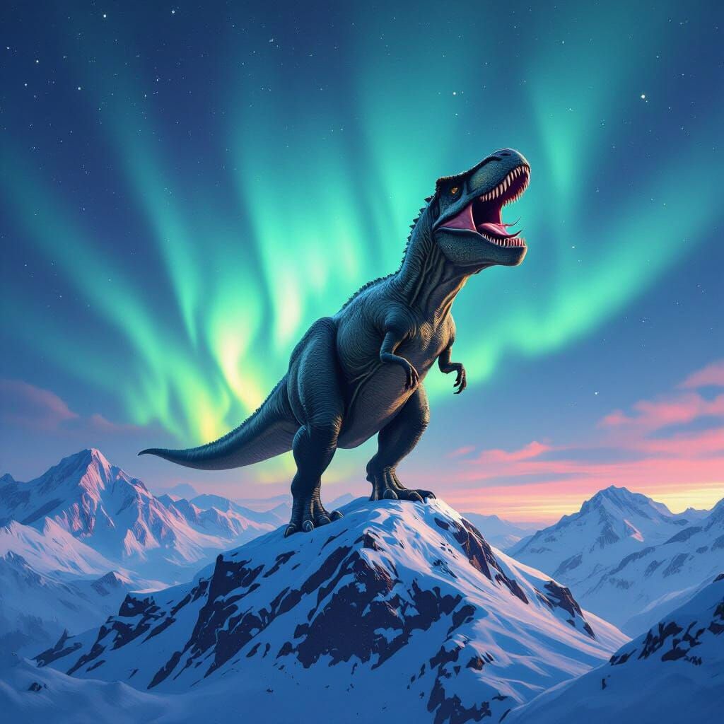 T-Rex Roars Under Aurora on Snowy Peak