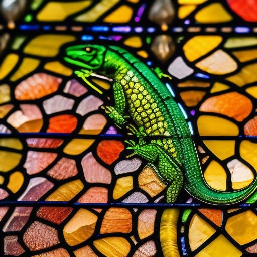 Lizard on Stained Glass Window in Bokeh