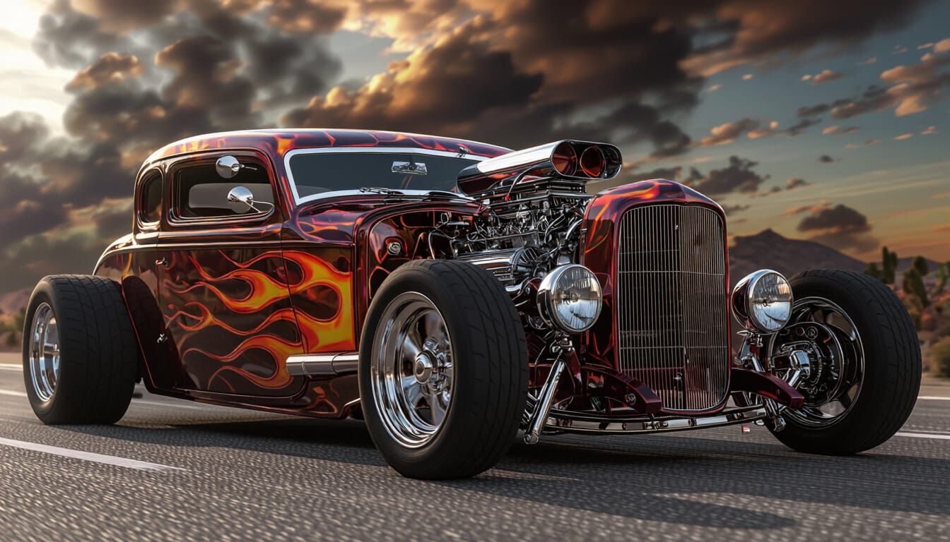 Classic Hot Rod Speeds Down Desert Highway at Sunset